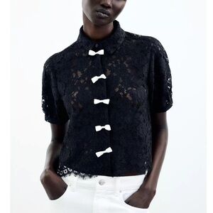 Zara Black Lace Blouse with White Accents